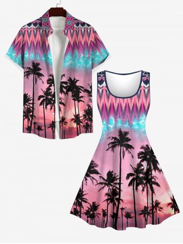 Coconut Tree Dusk Lightning Ethnic Graphic Print Ombre Dress and Button Pocket Shirt Plus Size Matching Hawaii Beach Outfit
