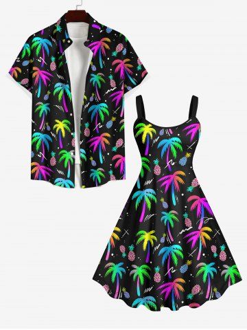 Coconut Tree Pineapple Print Backless Dress and Button Pocket Shirt Plus Size Matching Hawaii Beach Outfit - BLACK