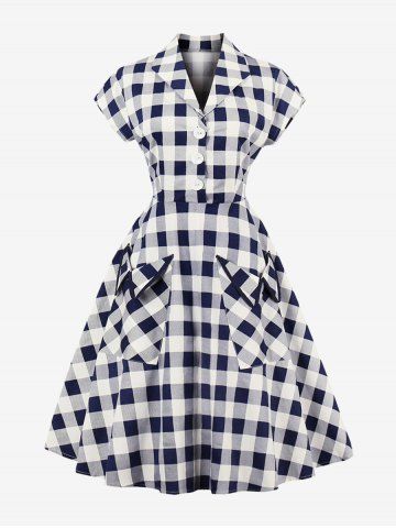 Plus Size Plaid Print Buttons Bowknot Pockets Vintage Dress