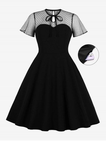 Plus Size Tie Polka Dot Mesh Patchwork 1950s Vintage Pocket Dress - BLACK - M