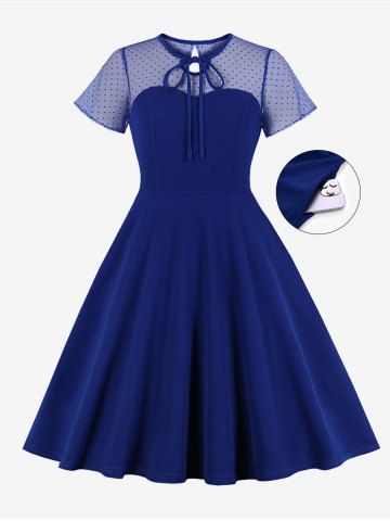 Plus Size Tie Polka Dot Mesh Patchwork 1950s Vintage Pocket Dress - DEEP BLUE - L