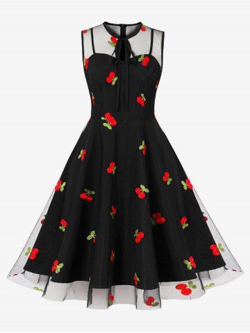 Plus Size Cherry Embroidery Sheer Mesh Zipper Tie 1950s Vintage Dress - MULTI-A - M