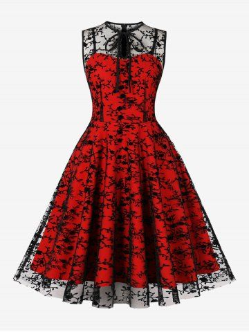 Plus Size Floral Flocking Sheer Mesh Zipper Tie 1950s Vintage Dress - RED - M