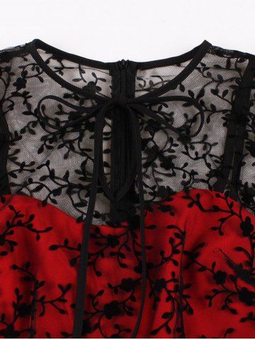 Plus Size Floral Flocking Sheer Mesh Zipper Tie 1950s Vintage Dress