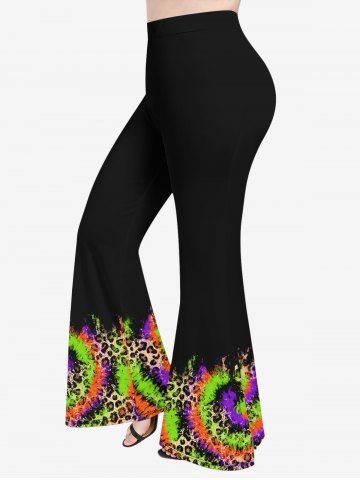 Plus Size Leopard Spiral Tie Dye Print Flare Pants - BLACK - L