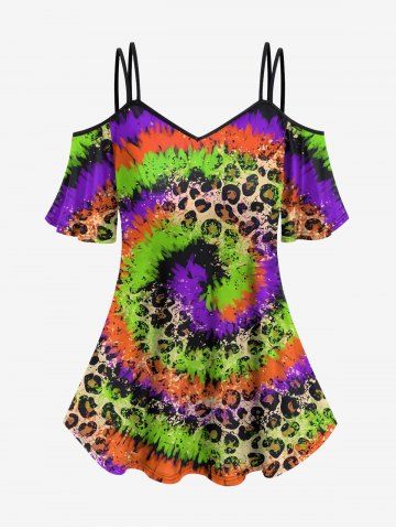 Plus Size Cold Shoulder Leopard Spiral Tie Dye Print Cami T-shirt - MULTI-A - XS