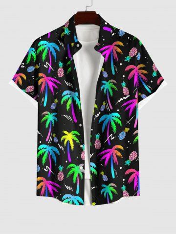 Plus Size Colorful Coconut Tree Pineapple Print Button Pocket Hawaii Shirt For Men - BLACK - S