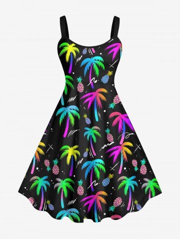 Plus Size Coconut Tree Pineapple Print Backless A Line Hawaii Tank Dress - BLACK - S