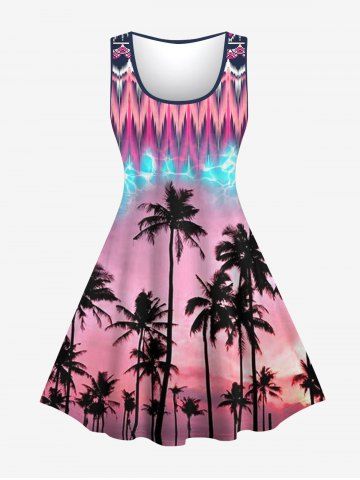 Plus Size Coconut Tree Dusk Lightning Ethnic Graphic Print Ombre Hawaii 1950s A Line Dress - LIGHT PINK - M