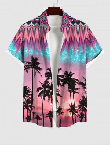 Plus Size Turn-down Collar Coconut Tree Dusk Lightning Ethnic Graphic Print Ombre Button Pocket Hawaii Shirt For Men - LIGHT PINK - M