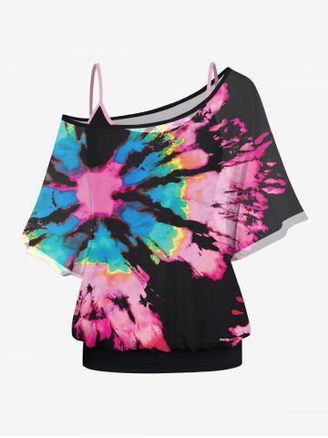 Plus Size Solid Backless Cami Top and Spiral Tie Dye Print T-shirt Set - BLACK - 1X
