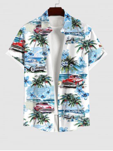 Men's Coconut Tree Floral Sea Car Print Button Pocket Hawaii Shirt - WHITE - S