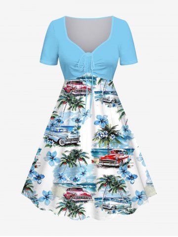Plus Size Sea Flower Car Coconut Tree Print Cinched Hawaii Dress - LIGHT BLUE - XS