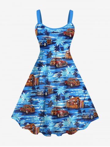 Plus Size Coconut Tree Sea Car Print Backless A Line Hawaii Tank Dress - BLUE - S