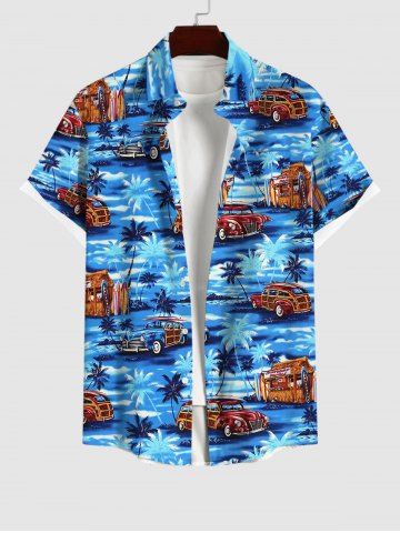 Plus Size Coconut Tree Sea Car Print Button Pocket Hawaii Shirt For Men