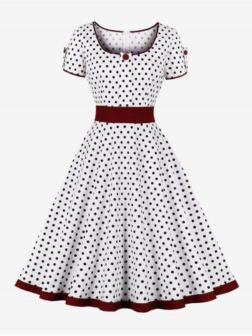 Plus Size Polka Dots Print Zipper 1950s Vintage Swing Dress - WHITE - S