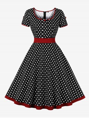 Plus Size Polka Dots Print Zipper 1950s Vintage Dress - BLACK - S