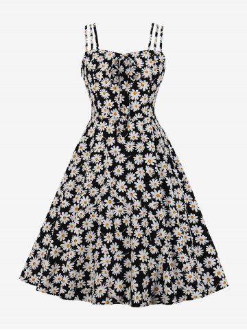 1950s Retro Plus Size Sunflower Print Tie Vintage Dress - BLACK - M