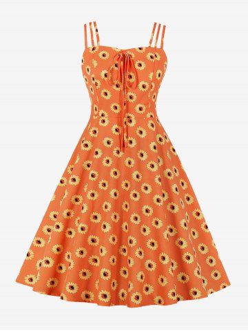 1950s Retro Plus Size Sunflower Print Tie Vintage Dress - ORANGE - M
