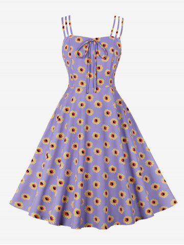 1950s Retro Plus Size Sunflower Print Tie Vintage Dress - LIGHT PURPLE - L