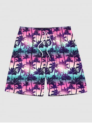 Men's Ombre Colorblock Coconut Tree Print Pocket Beach Shorts - PURPLE - M