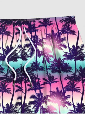 Men's Ombre Colorblock Coconut Tree Print Pocket Beach Shorts