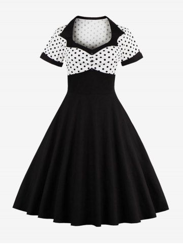 Plus Size Polka Dot Print Button Ruched Turn Down Collar Vintage Dress - BLACK - S