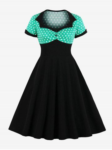 Plus Size Polka Dot Print Button Ruched Turn Down Collar Vintage Dress - GREEN - M