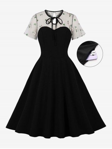 Plus Size Tie Flower Embroidery Mesh Patchwork Vintage Dress - BLACK - L