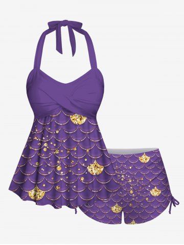 Fashion 3D Mermaid Scale Sequins Print Twist Halter Backless Cinched Boyleg Tankini Swimsuit (Adjustable Shoulder Strap) - PURPLE - 1X