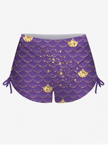 Fashion 3D Mermaid Scale Sequins Print Twist Halter Backless Cinched Boyleg Tankini Swimsuit (Adjustable Shoulder Strap)