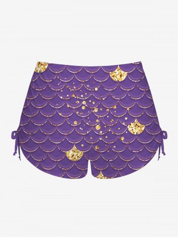 Fashion 3D Mermaid Scale Sequins Print Twist Halter Backless Cinched Boyleg Tankini Swimsuit (Adjustable Shoulder Strap)