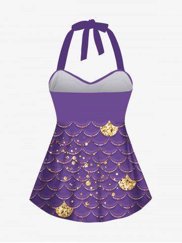 Fashion 3D Mermaid Scale Sequins Print Twist Halter Backless Cinched Boyleg Tankini Swimsuit (Adjustable Shoulder Strap)