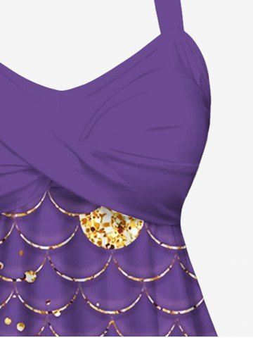 Fashion 3D Mermaid Scale Sequins Print Twist Halter Backless Cinched Boyleg Tankini Swimsuit (Adjustable Shoulder Strap)