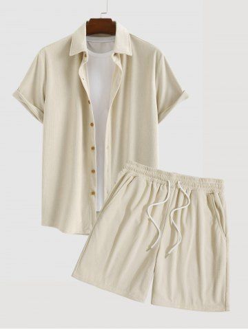 Men's Matching Two Piece Co Ord Button Up Corduroy Short Sleeves Shirt and Drawstring Casual Shorts Set