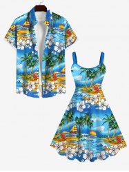 Coconut Tree Beach Floral Sea Wave Sailboat Print Dress and Button Pocket Shirt Plus Size Matching Hawaii Beach Outfit for Couples -  