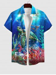 Plus Size Turtle Fish Coral Underwater World Glitter Sunlight Print Button Pocket Hawaii Sea Creatures Creatures Shirt For Men -  
