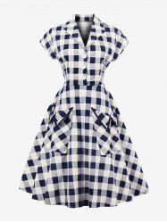Plus Size Plaid Print Buttons Bowknot Pockets Vintage Dress -  