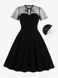 Plus Size Tie Polka Dot Mesh Patchwork 1950s Vintage Pocket Dress -  