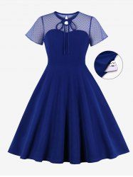 Plus Size Tie Polka Dot Mesh Patchwork 1950s Vintage Pocket Dress -  