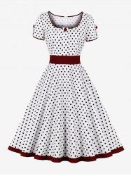 Robe Vintage Trapèze Zippée à Pois Imprimé Grande Taille - Blanc 2XL