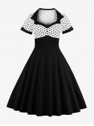 Plus Size Polka Dot Print Button Ruched Turn Down Collar Vintage Dress -  