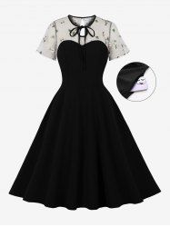 Plus Size Tie Flower Embroidery Mesh Patchwork Vintage Dress -  