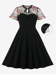 Plus Size Floral Embroidery Sheer Mesh Patchwork Tie Vintage Dress -  