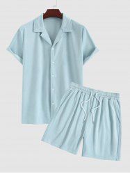 Men's Matching Two Piece Co Ord Camp Collar Button Up Geometric Corduroy Short Sleeves Shirt and Drawstring Casual Shorts Set -  