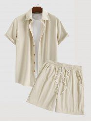 Men's Matching Two Piece Co Ord Button Up Corduroy Short Sleeves Shirt and Drawstring Casual Shorts Set -  