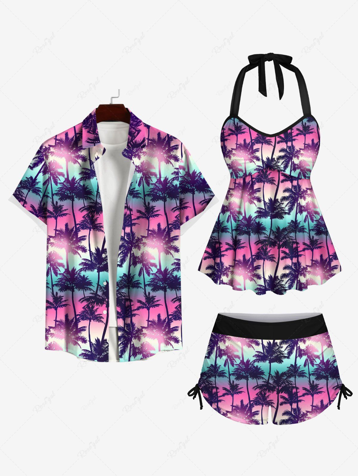 Fancy Halter Coconut Tree Ombre Print Cinched Boyleg Tankini Swimsuit and Button Pocket Shirt Plus Size Matching Hawaii Beach Outfit for Couples  
