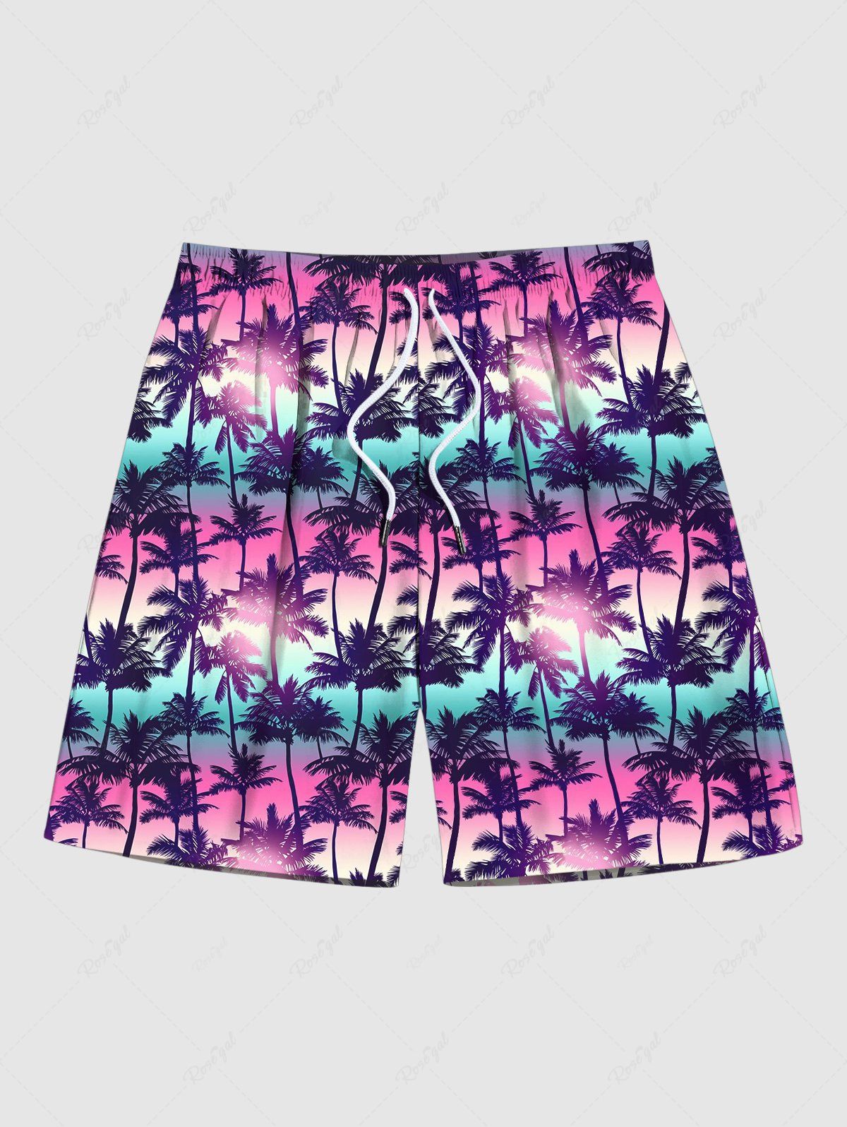 Outfits Men's Ombre Colorblock Coconut Tree Print Pocket Beach Shorts  