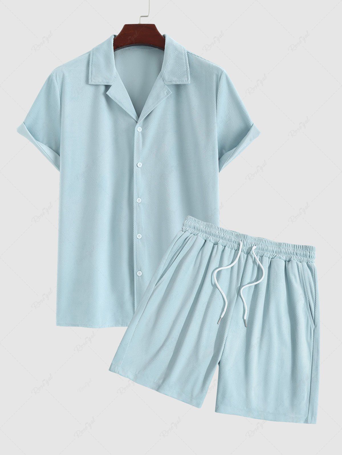 Trendy Men's Matching Two Piece Co Ord Camp Collar Button Up Geometric Corduroy Short Sleeves Shirt and Drawstring Casual Shorts Set  