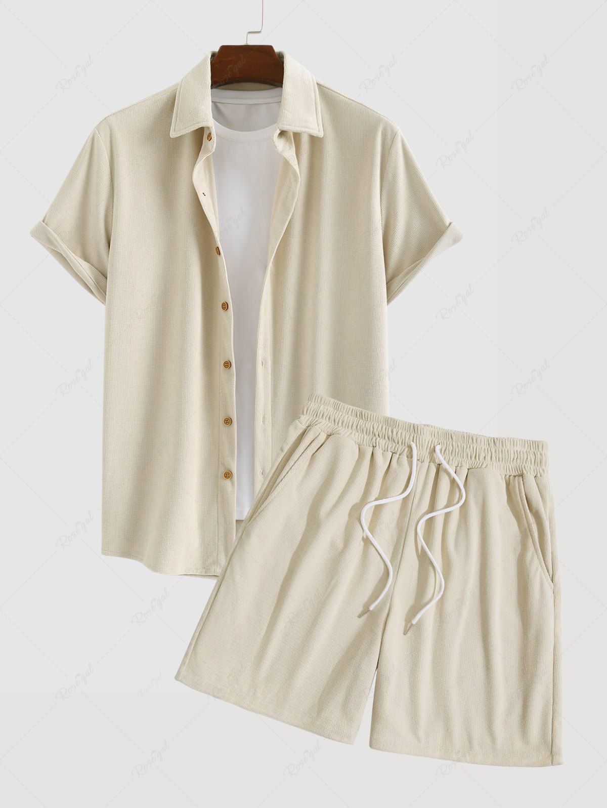 Unique Men's Matching Two Piece Co Ord Button Up Corduroy Short Sleeves Shirt and Drawstring Casual Shorts Set  